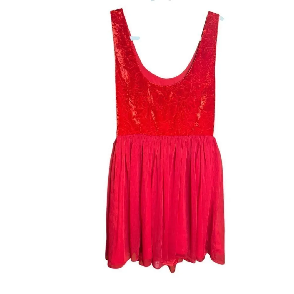 Free People Vibrant Red Crushed‎ Velvet Party Mini Baby Doll Dress Sz 8